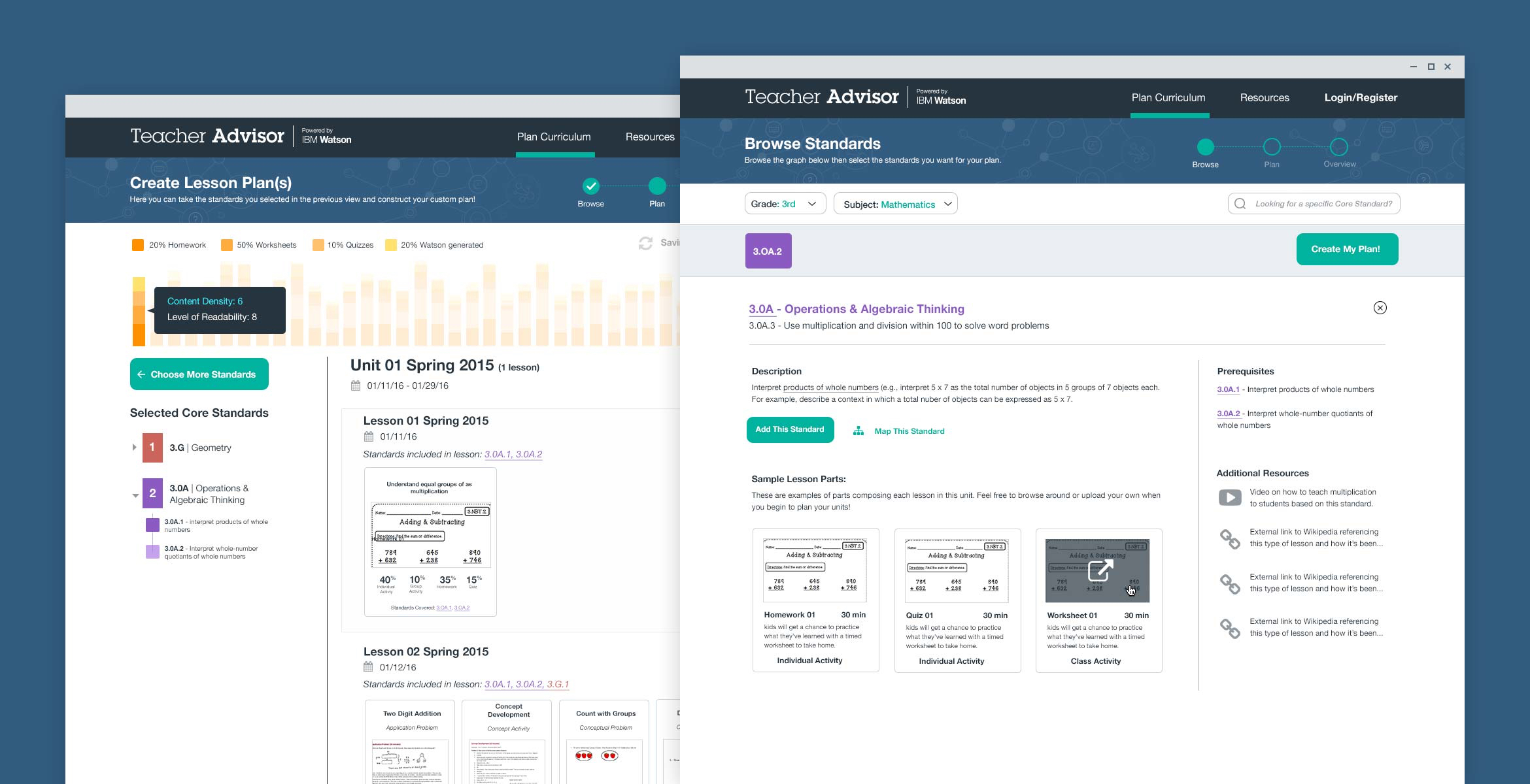 two overlapping screenshots of the first teacher advisor interface with lesson planning and lesson parts visible