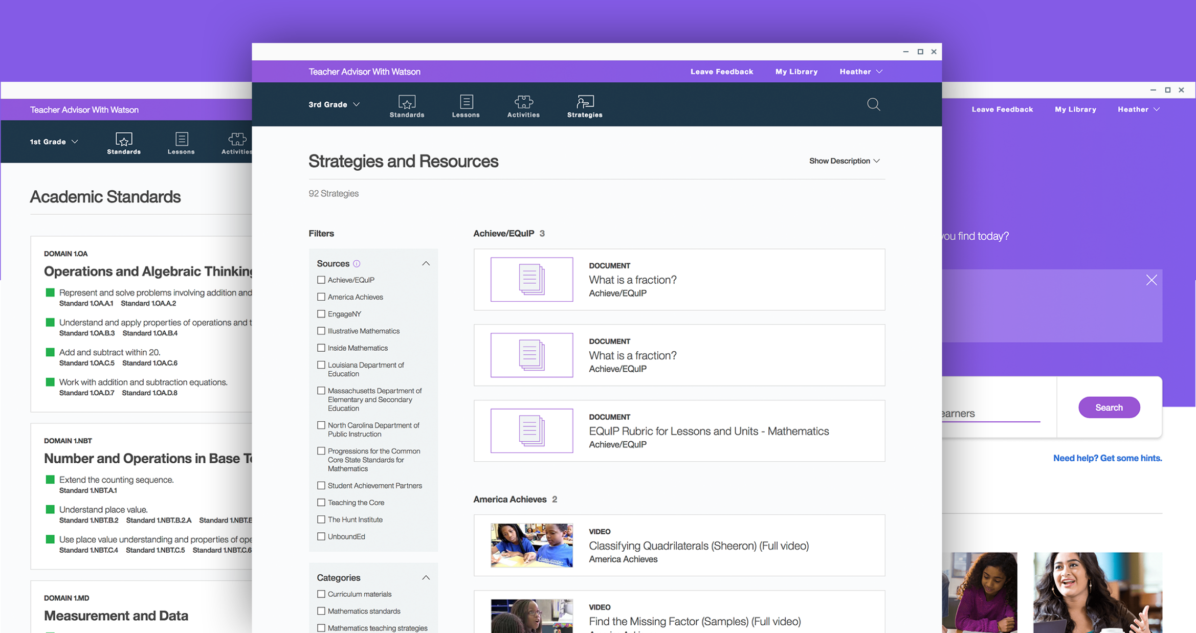 three overlapping screenshots of the final IBM Teacher Advisor interface with a primarily purple interface andc call to action