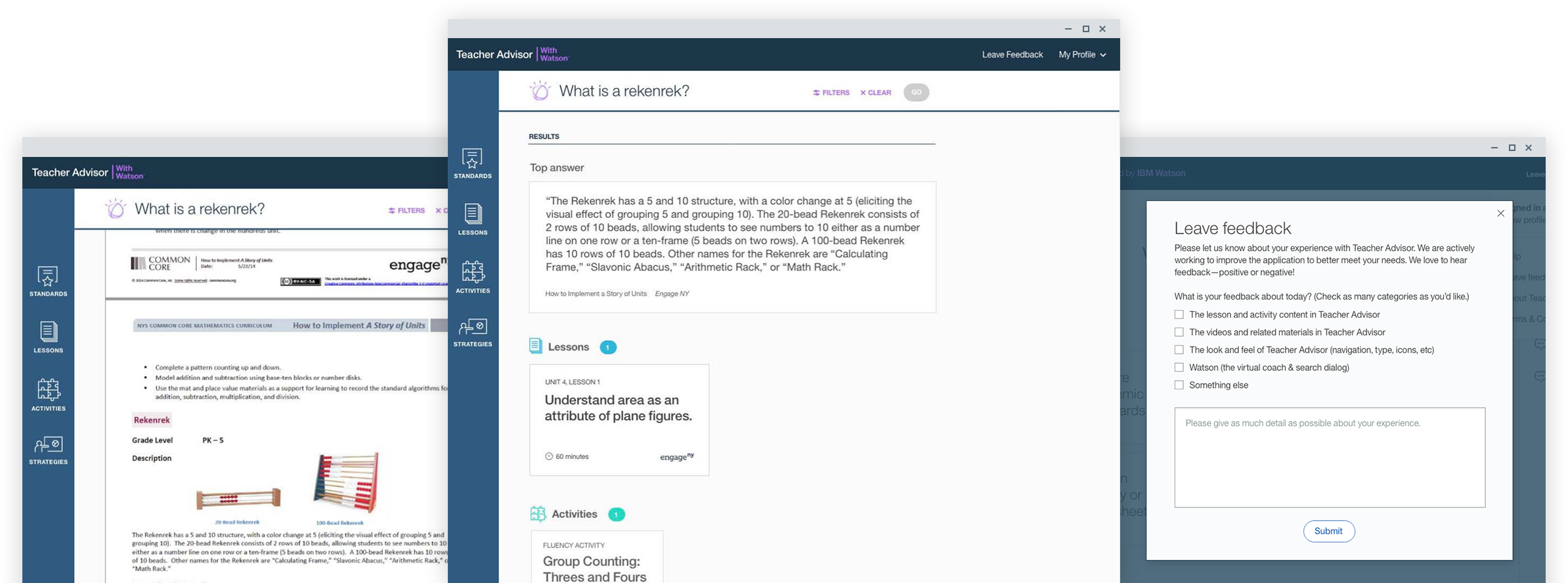 three screenshots of third mockup round for teacher advisor depicting common core lesson planning with watson front and center