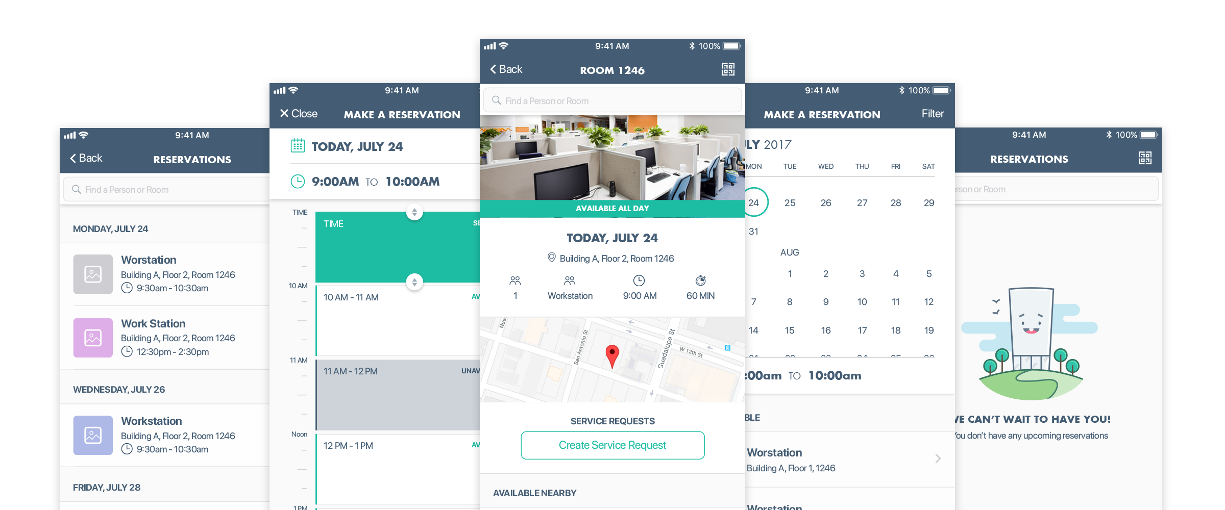 five mobile mockup examples of the different space management screens including a custom illustration created for empty and success states