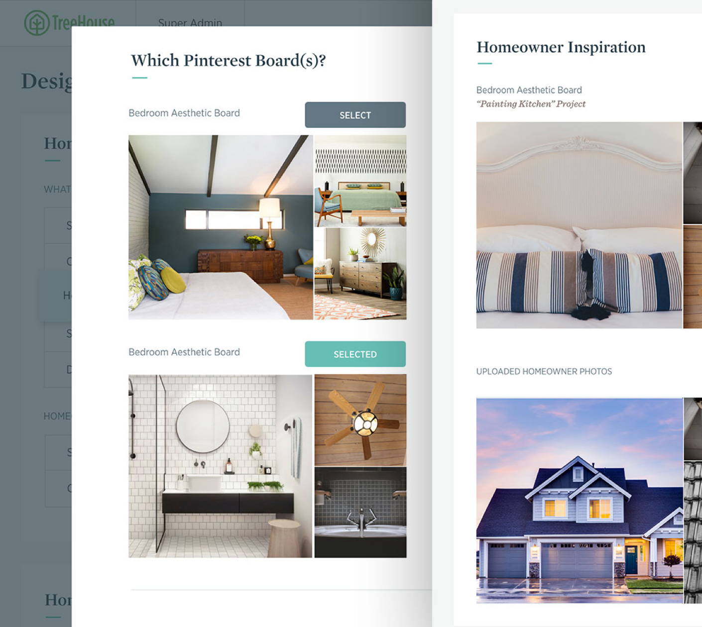 image of two overlapping Treehouse interface screens including a pinterest board upload component and a photo grid of uploaded homeowner photos