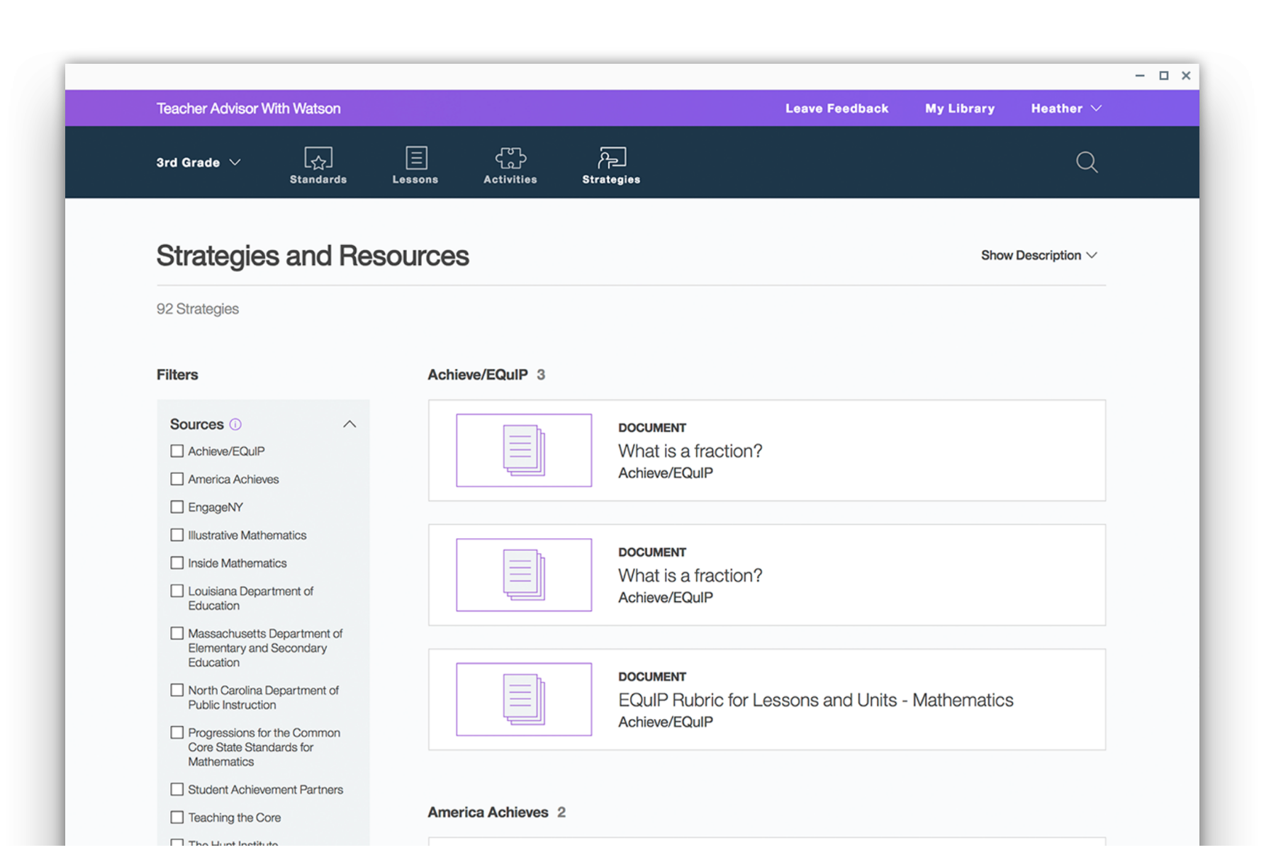 created for IBM: teacher advisor, a curriculum builder with purple and white user interface.
