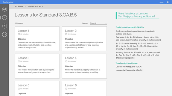 early wireframes for Teacher Advisor with Watson depicting the lesson selection part of TA