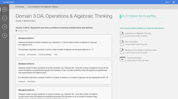 early wireframe for IBM Teacher Advisor on the domain 3.oA domain for lesson planning