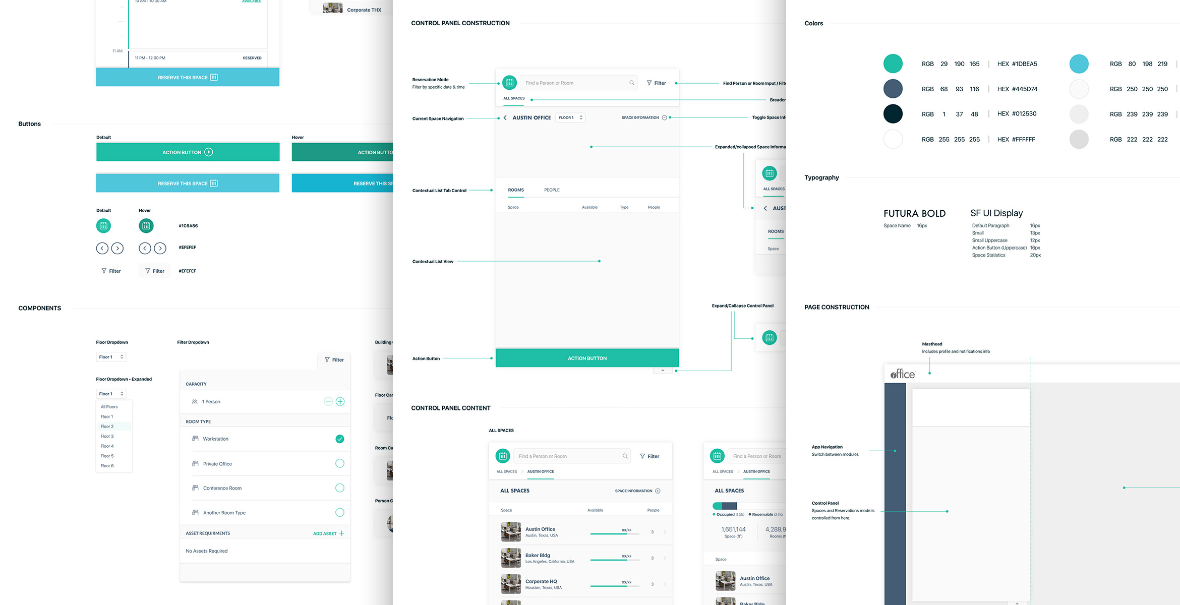 Three side by side screenshots of the iOFFICE styleguide and component library created by SeaLab