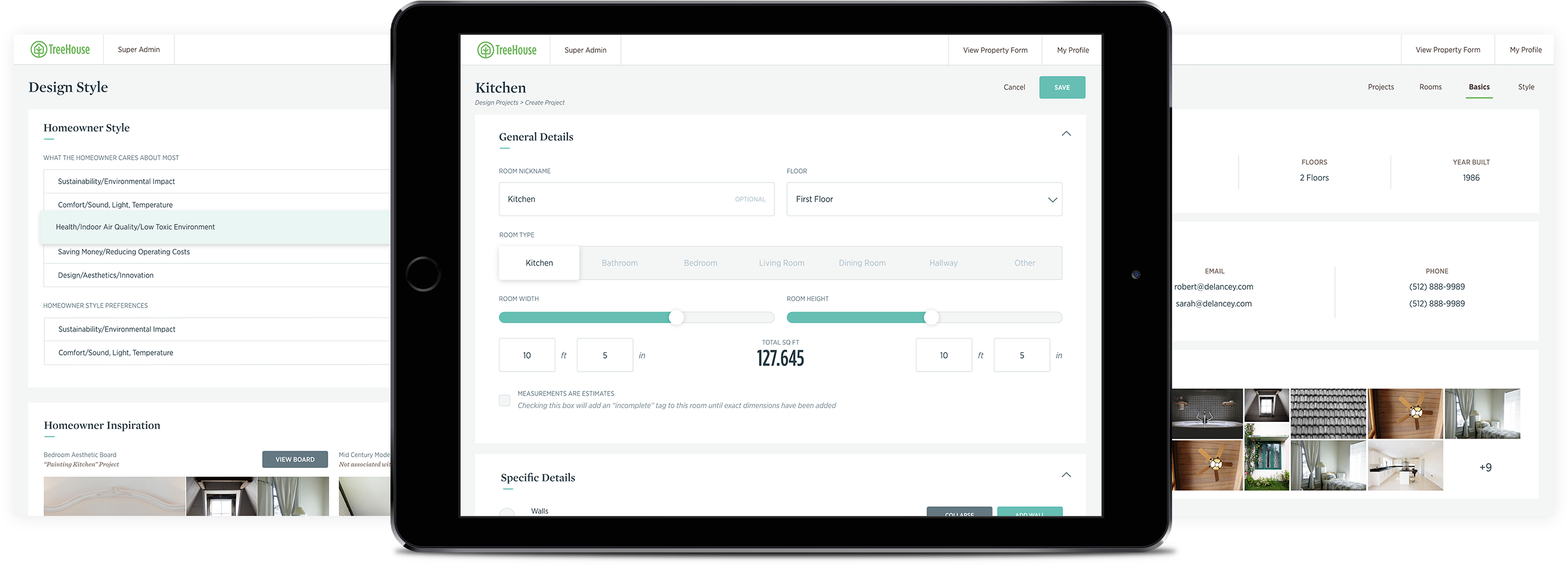 Three overlapping ipad user interface images. One is a selectable menu of homeowner style types, another is a touchable interface with large ipad buttons and sliders, and the third is a project overview image with all the details present