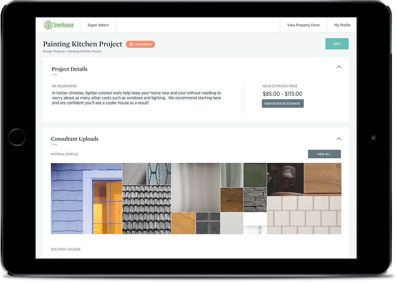 TreeHouse project overview interface pictured on an ipad with project details, an expected price, and consultant upuloads