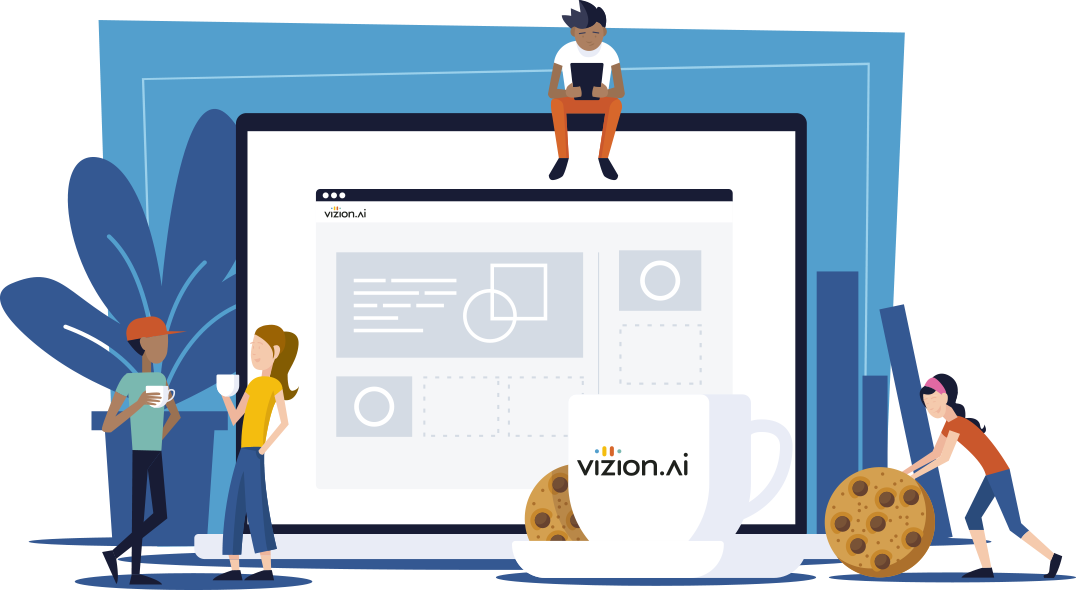 image of Vizion.ai's welcome image - a custom illustration of four undersize individuals standing around a laptop and coffee cup with plant background elements and vizion's dashboard UI on the laptop