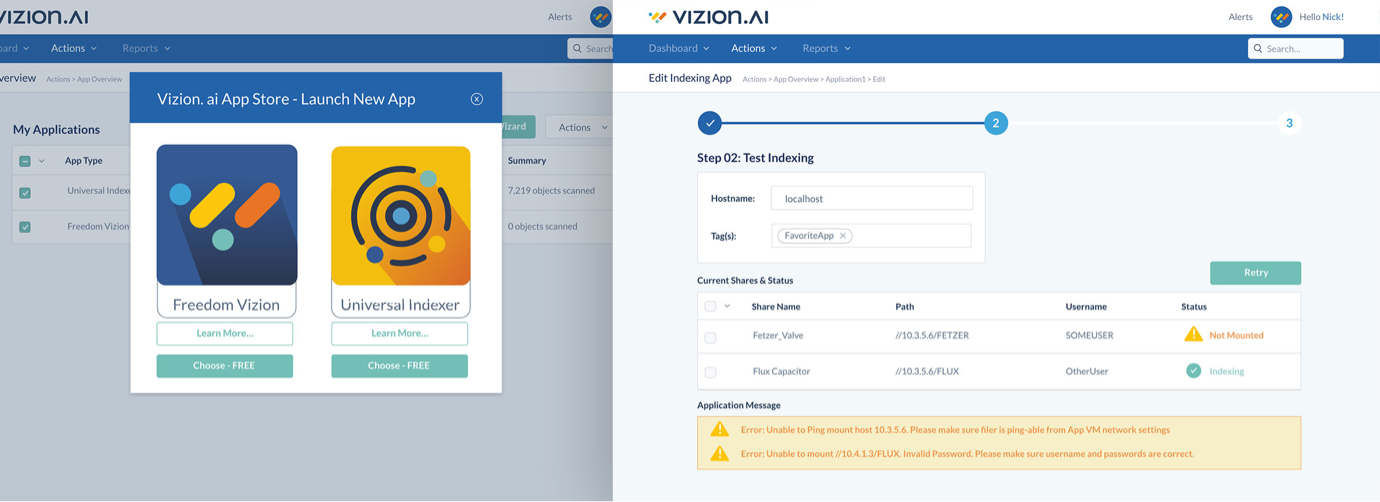 side by side images of Vizion.ai's app store launch (along with custom app store icons - one blue for Freedom Vizion and the other orange for universal indexer) and an indexing app screen with existing shares present in a chart and card format