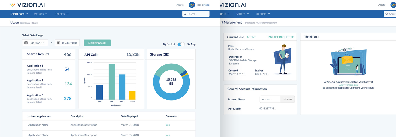 side by side screenshots of vizion.ai's dashboard with pretty graphs present as well as the plan screen with some placeholder custom illustrataions. All vizion's colors are present here - revealing why the logo is so colorful