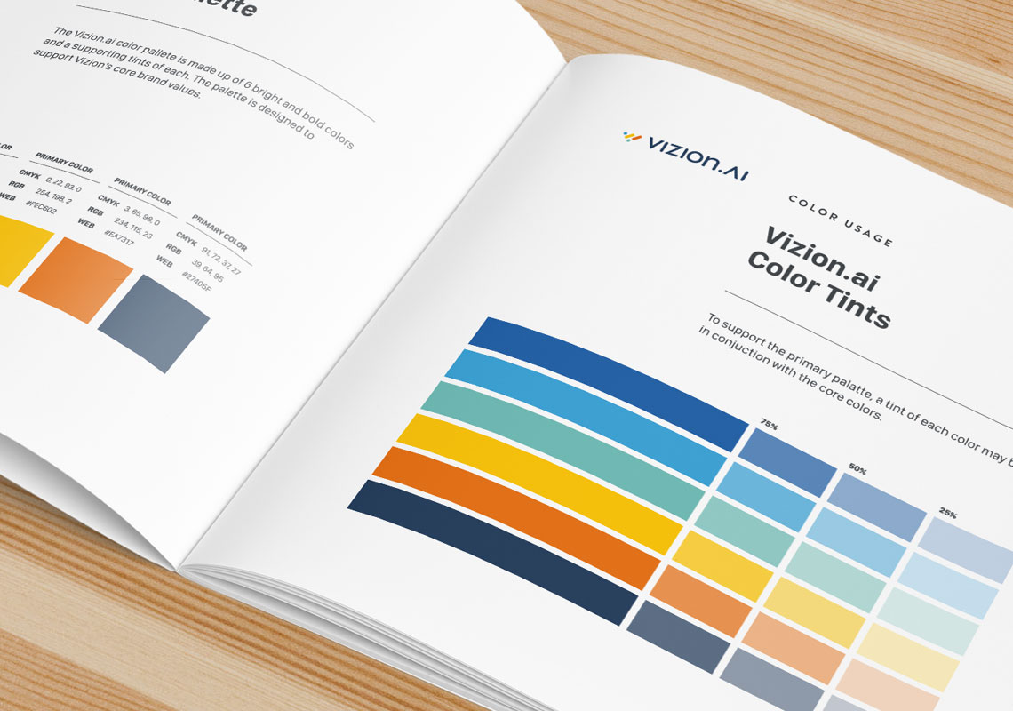 top down view of a printed vizion style guide including rgb colors and cmyk values