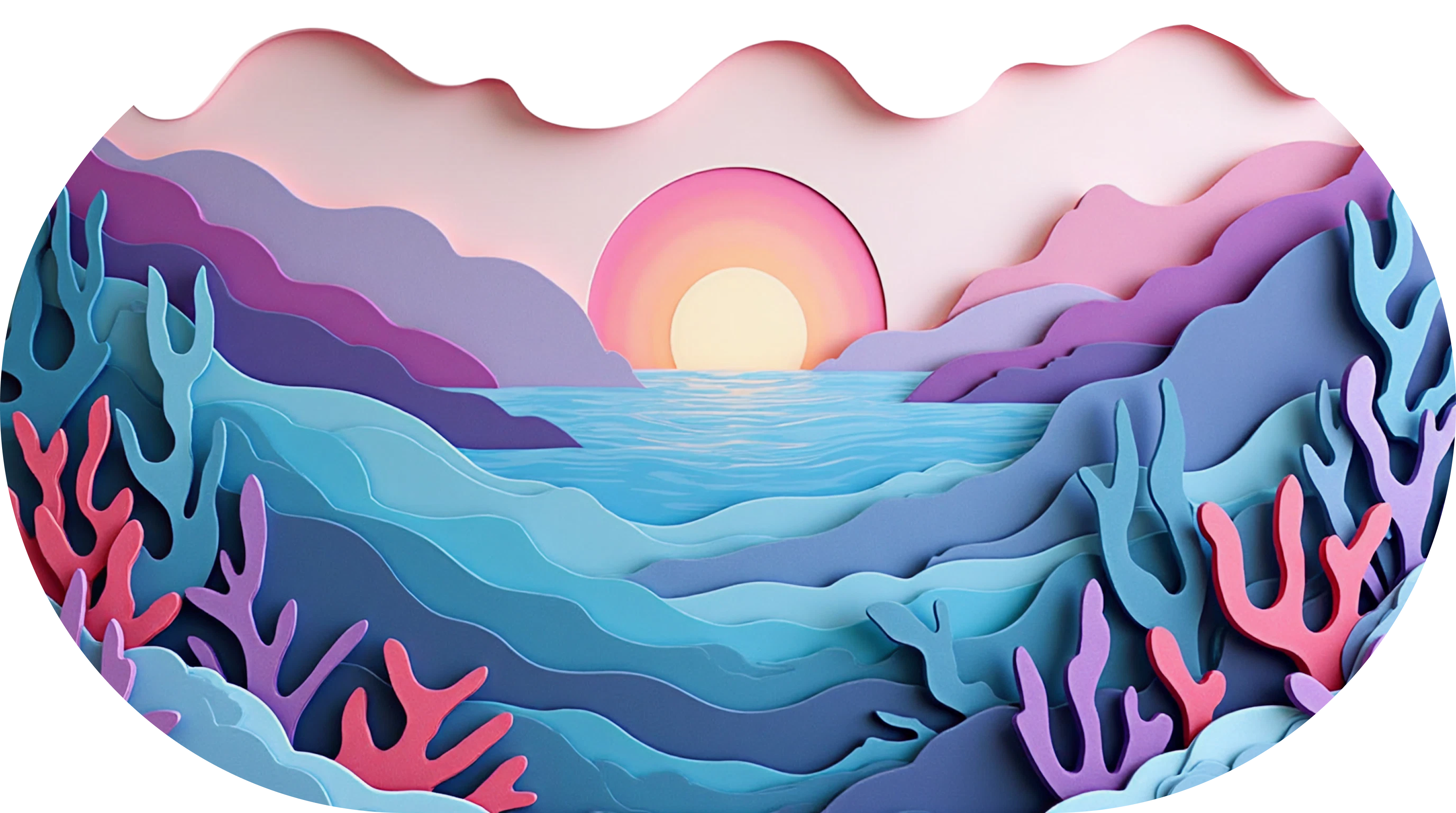 Custom AI created image by SeaLab of a 3D paper scene of the ocean during sunset