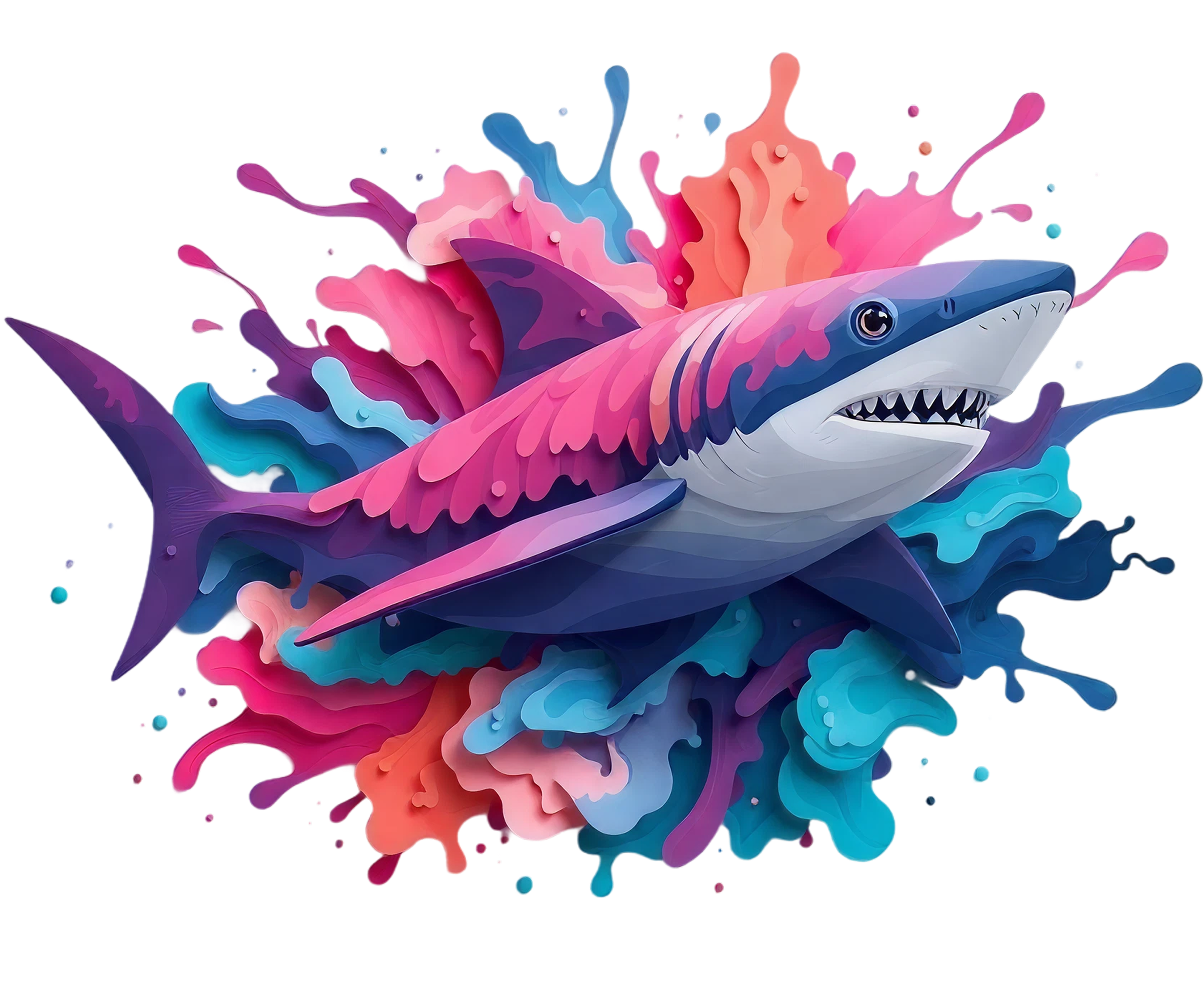 Colorful 3D paper image of a shark on top of paint