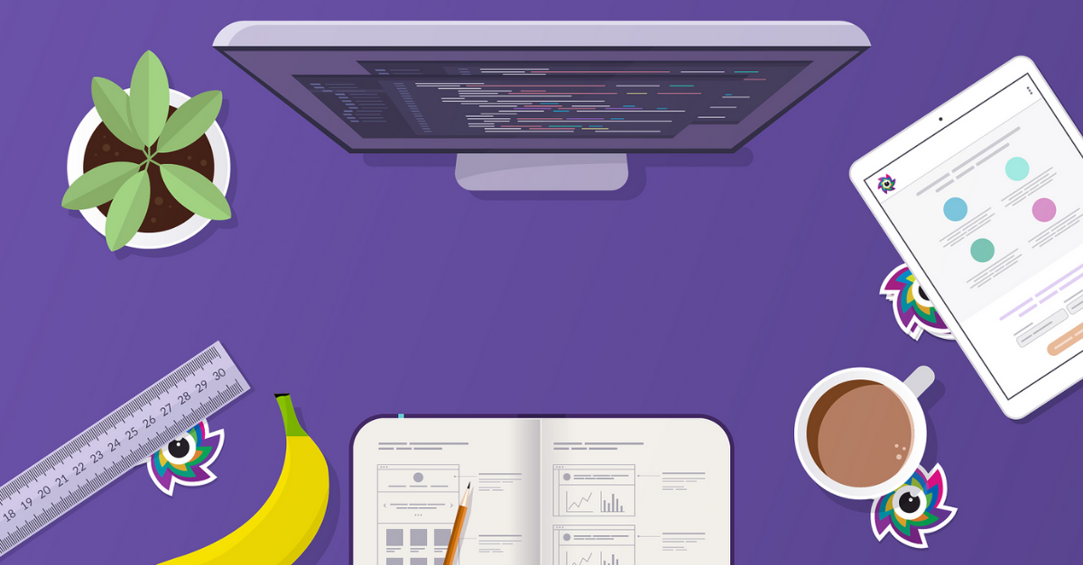 Vector illustration of a top down view of a purple desktop with a monitor, plant, sketchbook, tablet, ruler, and various SeaLab stickers visible