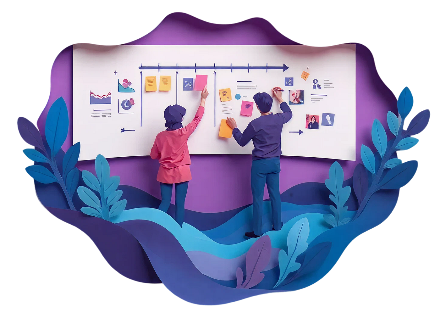 A 3d paper with depth design of two people moving notes and images around a whiteboard surrounded by ocean details and waves
