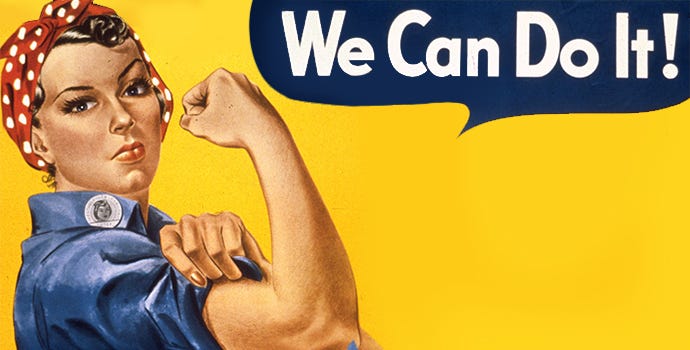 Cropped image of the infamous Rosie the Riveter poster saying "We Can Do It!"