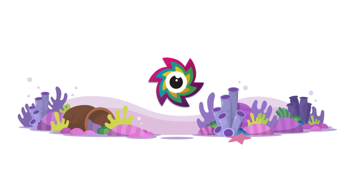 Custom illustrated sea floor with sealab mascot Cal floating above colorful coral and seaweed.