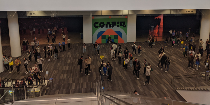 Me out front of Moscone Center South in San Francisco, CA for day one of Config 2024, people sitting in chairs during the closing keynote, people gathered around the podcast booth during a LIVE recording session