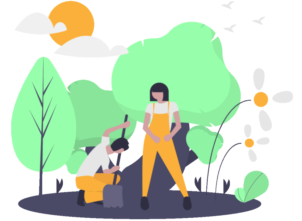 Evertreen illustration from Evertreen's website depicting two farmers planting trees and surrounded by greenery.