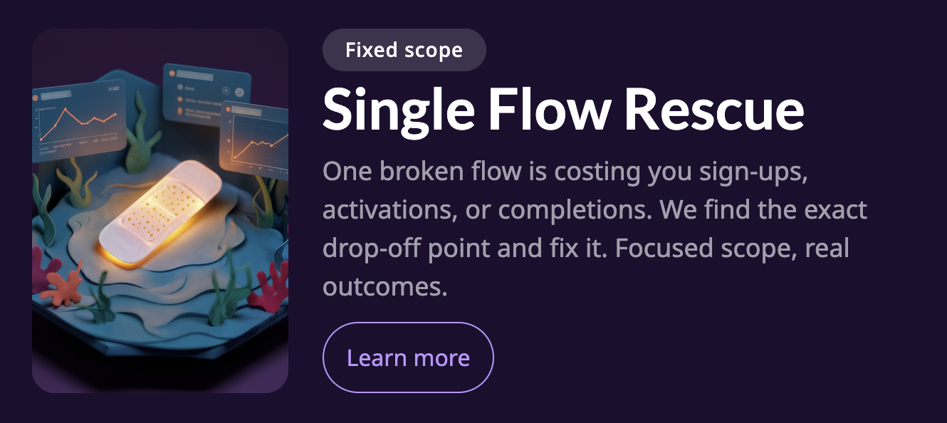 Thumbnail of SeaLab's Single Flow Rescue Service. Text includes a tag labeled 'fixed scope', imagery with a bandaid, and additional information and a link to view the full details