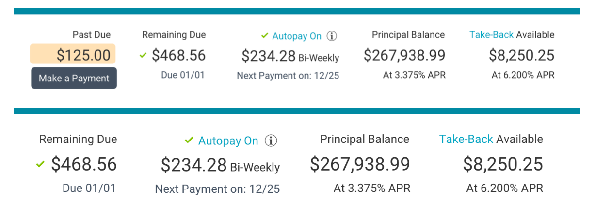 Detailed view of various final designs for an important information area - specifically whether a user is past due on a payment or not