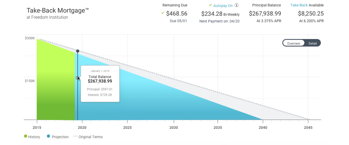 Image of Kasasa's green and blue graph indicating loan pay-off status at a glance.