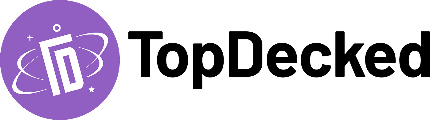 TopDecked Logo with a purple magical logo mark on the left with the T and D in the shape of a card