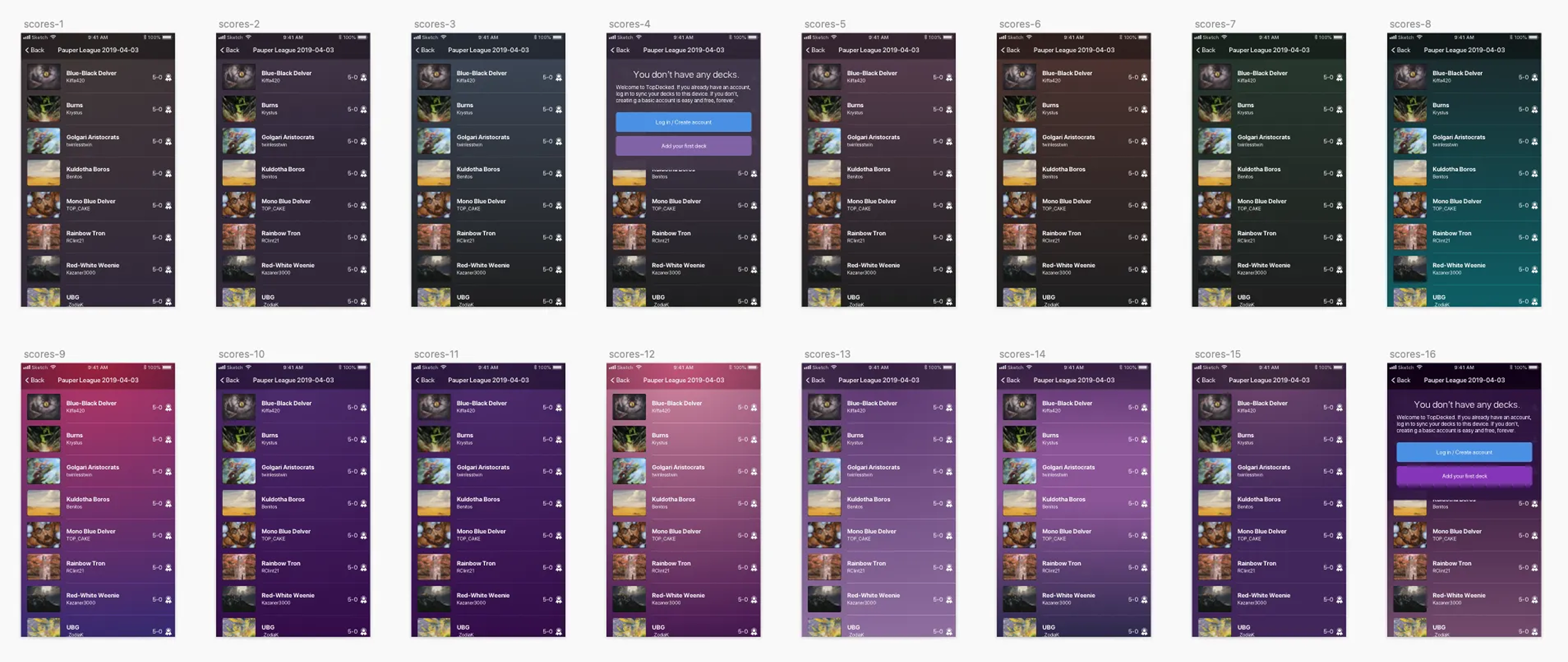 Sneak peak of redesign color palette explorations delivered to TopDecked by SeaLab