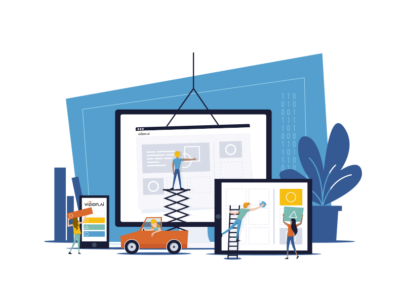 A Carousel of Images: (1) A phone, tablet, and desktop monitor are pictured with abstract illustrated desk items in the background and tiny people working on each screen. (2) An orange "error" screen on the desktop is under repair. (3) Miniature people sit on and around a desktop screen. Someone is rolling a large cookie toward a Vizion.ai branded coffee mug. (4) A person navigates a drone plane that is bringing in a large gold key to unlock a screen on the desktop.