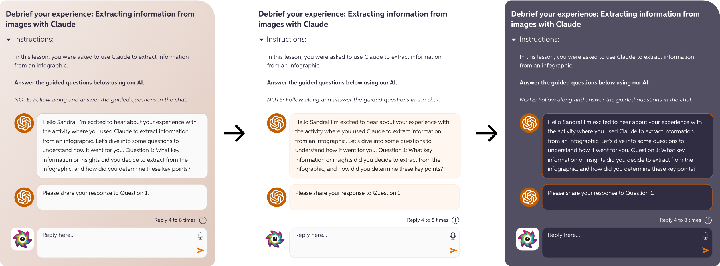 Three side by side design variations of AI integration in the elearning platform