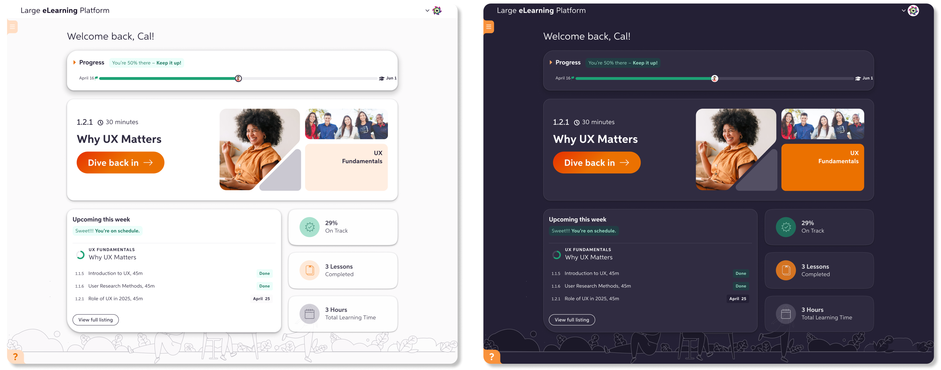 Final desktop dark and light mode designs for elearning platform