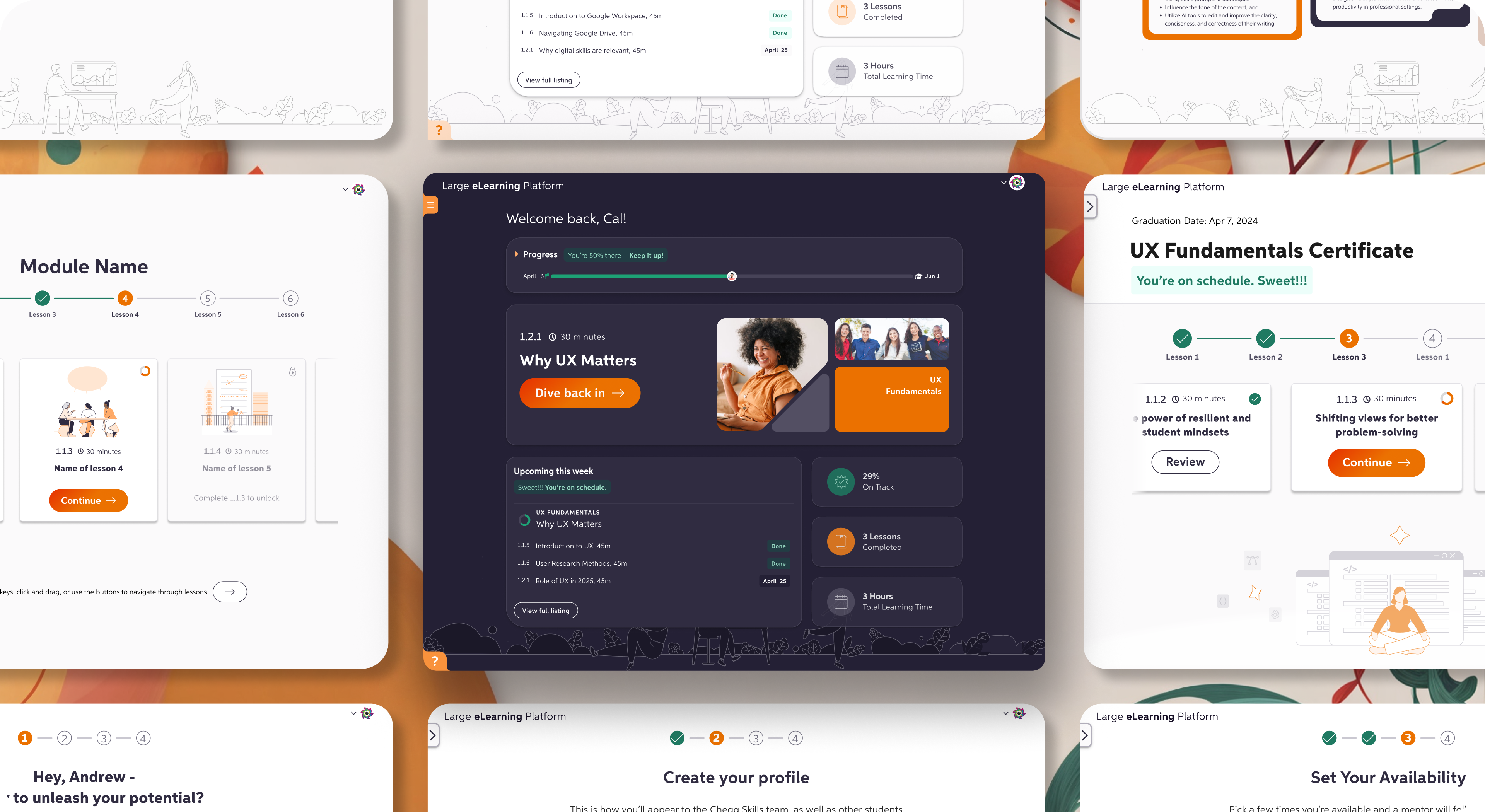 Showcase design for work done for an elearning client. Visible is a grid of various light desktop designs and a dark theme dashboard in the center