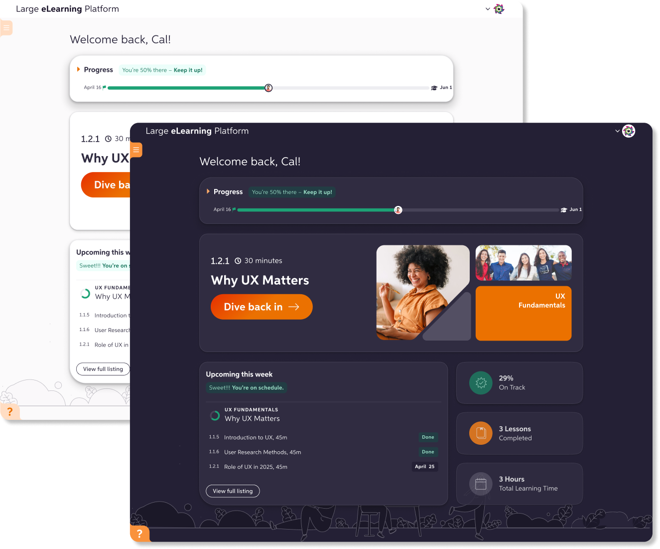 Stacked dark and light mode designs of elearning platform dashboard