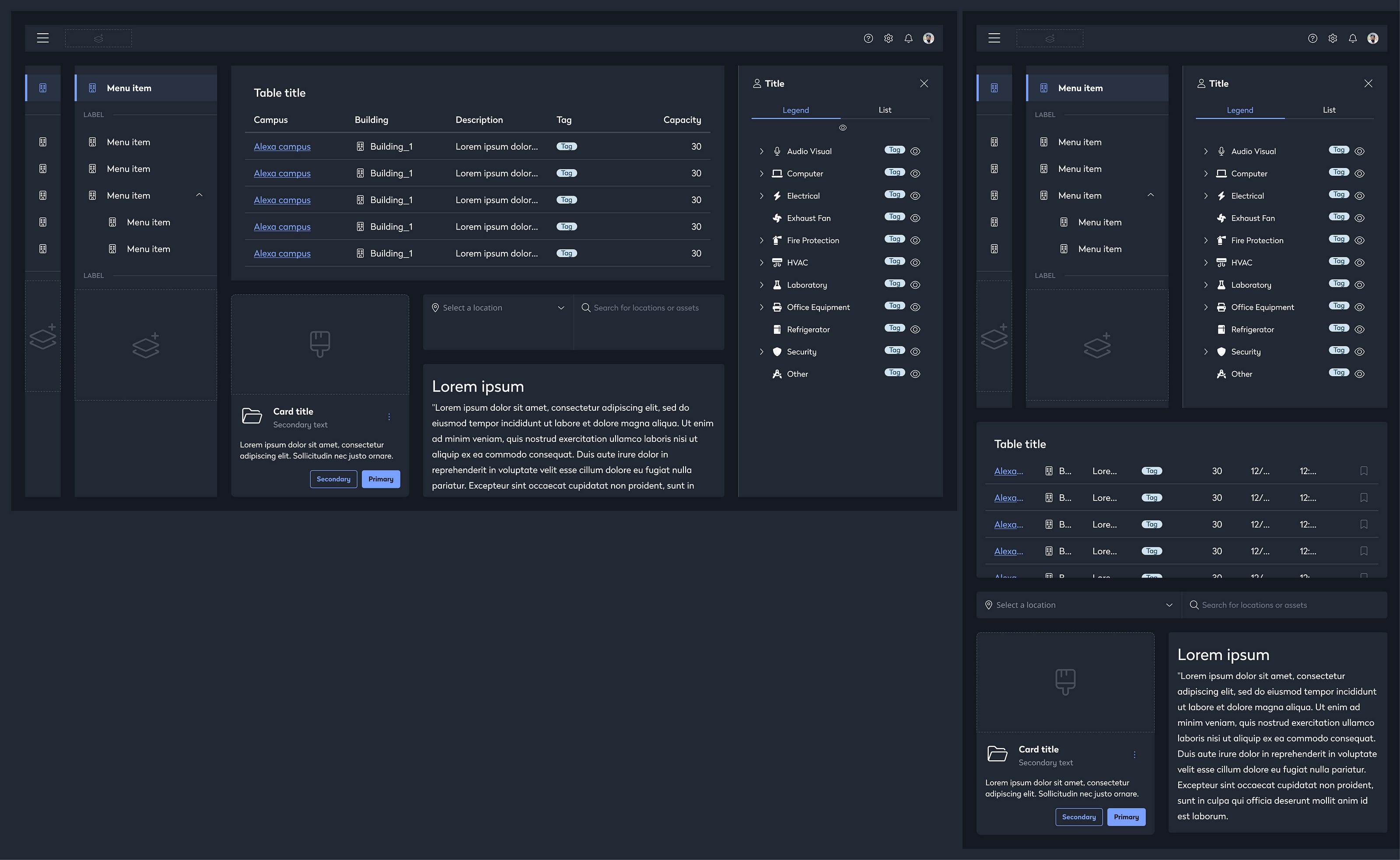 Example of Dark Theme Application in the Evo Design System, Featuring Various Mobile Components Note: This selection represents a sample and does not encompass all available components