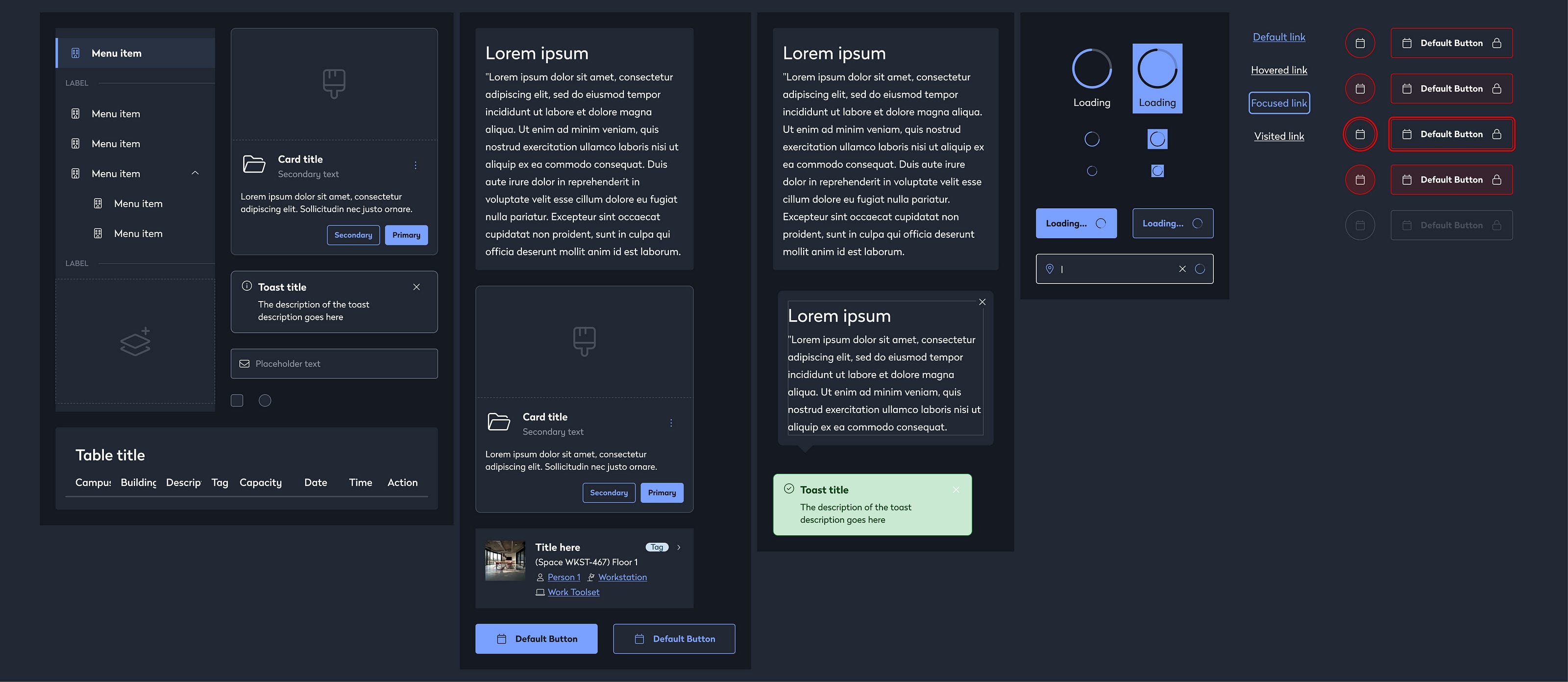 Example of Dark Theme Application in the Evo Design System, Featuring Various Mobile Components Note: This selection represents a sample and does not encompass all available components