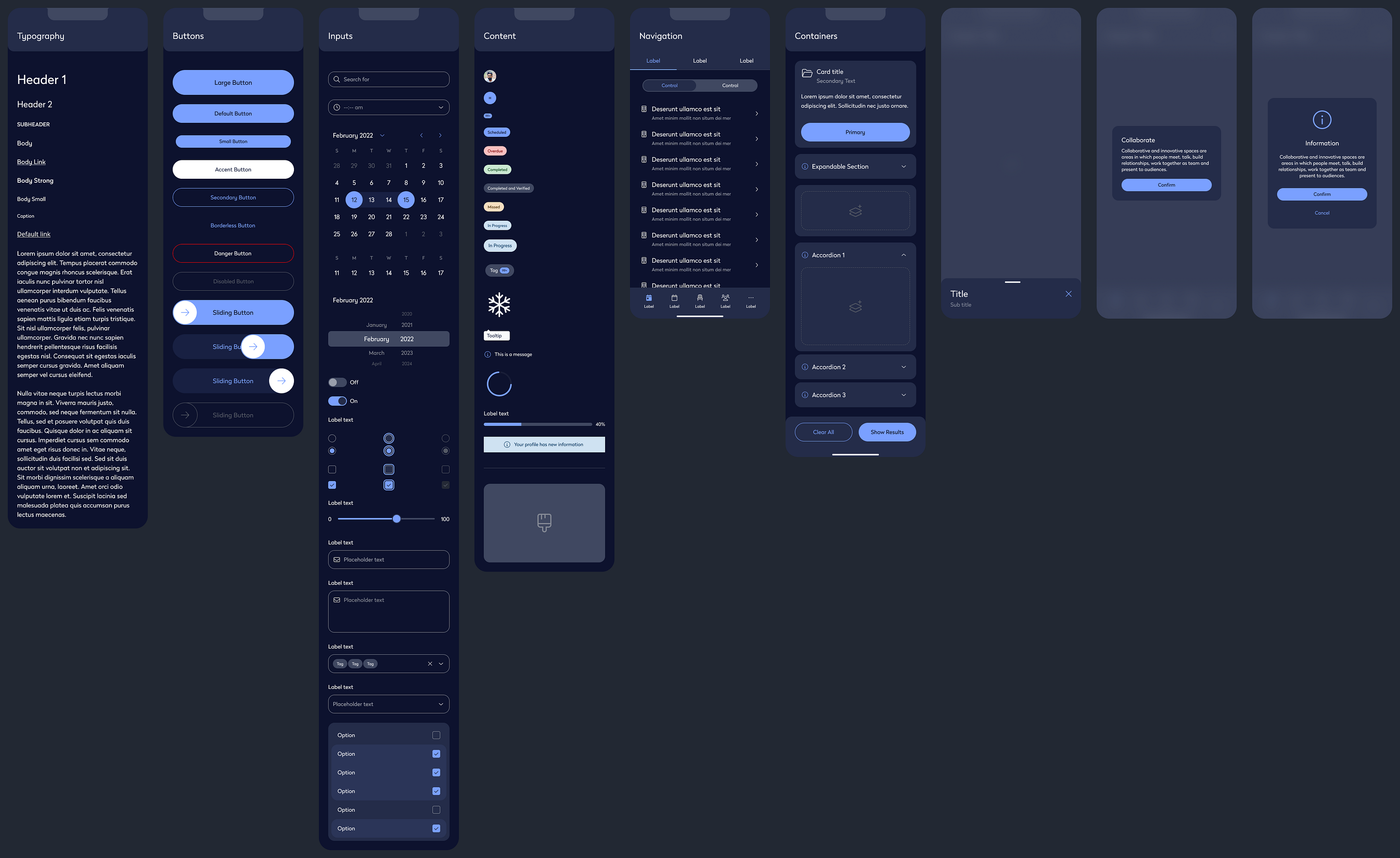 Example of Dark Theme Application in the Evo Design System, Featuring Various Mobile Components Note: This selection represents a sample and does not encompass all available components