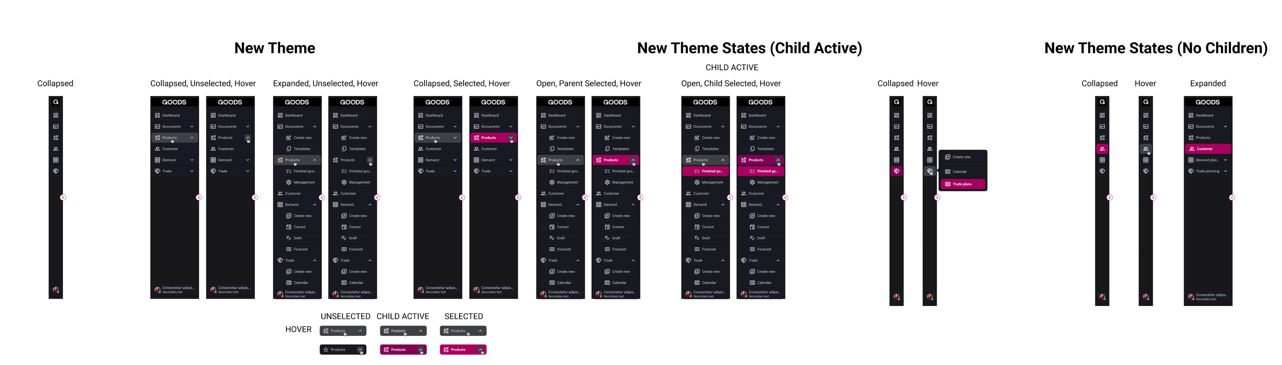 Image showcasing the final high-fidelity navigation bar and all parent/child hover and selected states