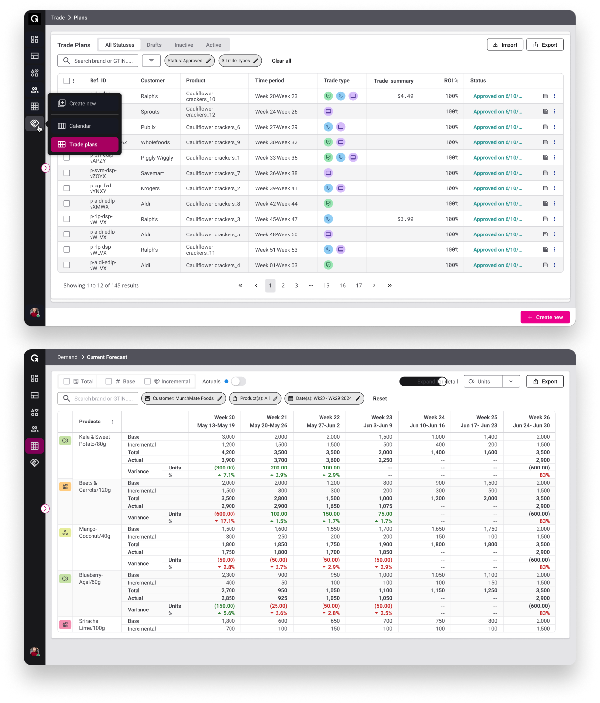 Stacked interfaces showcasing the variety of tables created for Goods