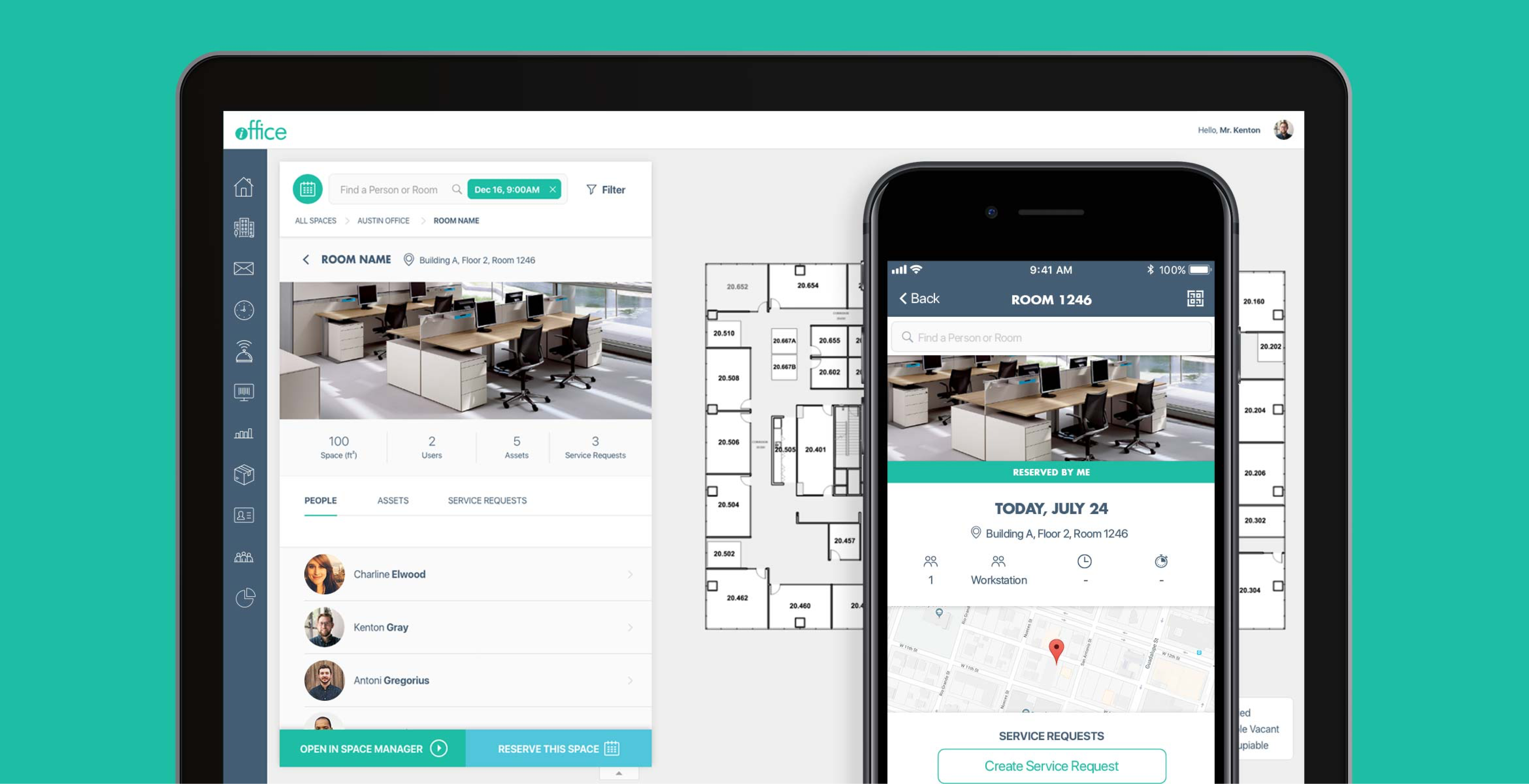Showcase of space booking experience for mobile app and desktop