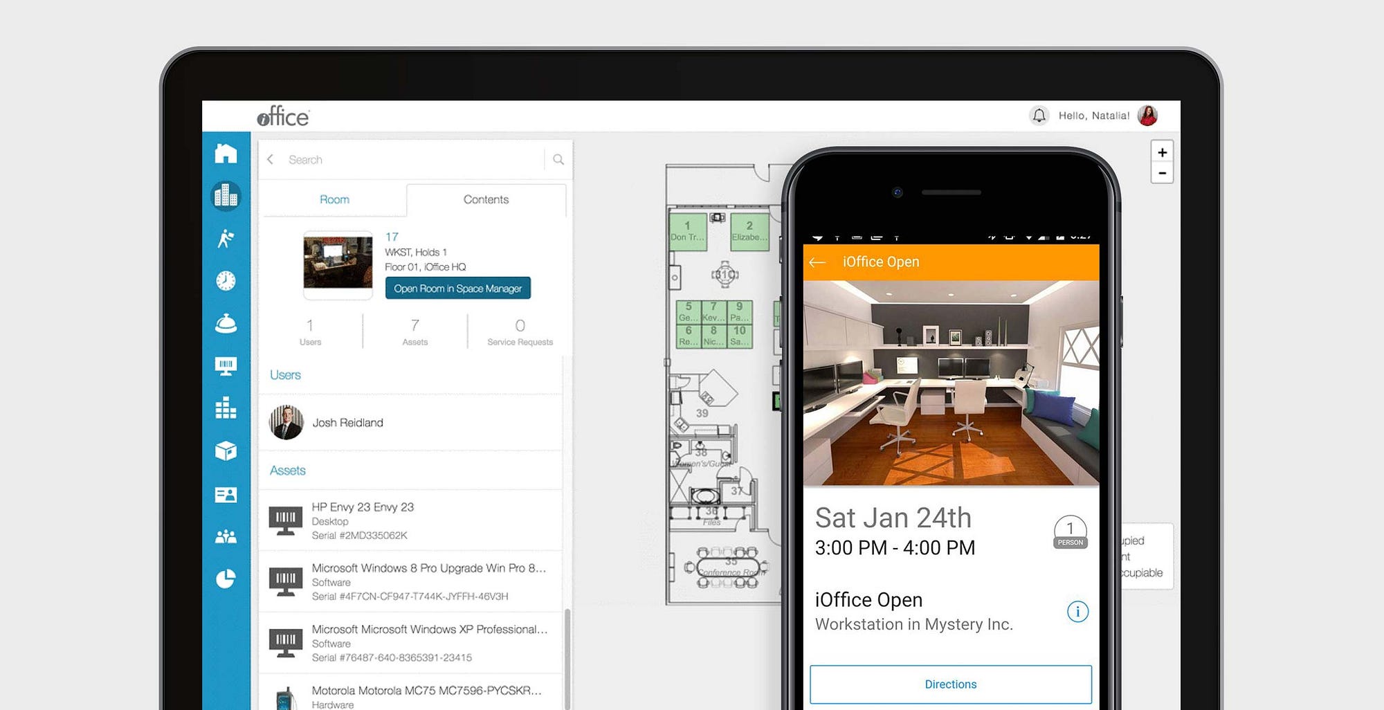 The initial iOFFICE product (originally named OpenSpace). The desktop view shows a blue and white color scheme, users, assets, and general information listed in a compact layout and a blueprint-style room map on the right. Superimposed: a mobile view of OpenSpace depicting the same interface with an orange and blue color scheme, date, booking, & call-to-action features that differ from the blue desktop app behind it.