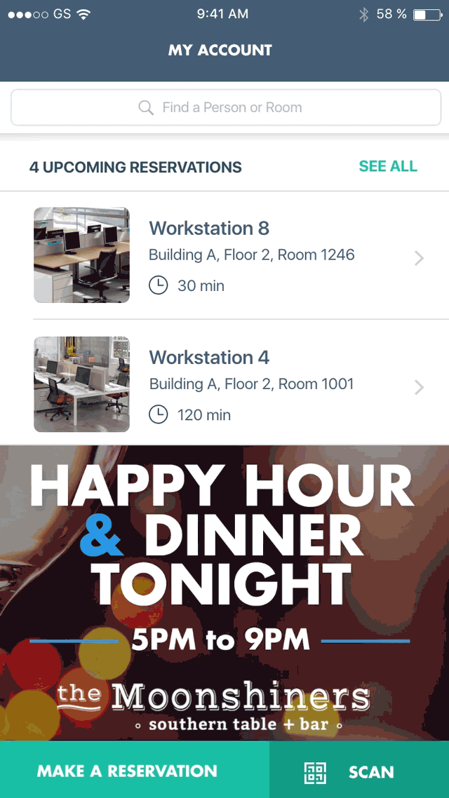 An animation of the 4-tap minimum 'quick booking' process. A cursor moves through several mobile screens showing the progress from 'My Account' to 'Make a Reservation' to 'Room 1246 (reserved room)' and ending with 'Reservation Successful,in a total of 4 taps.