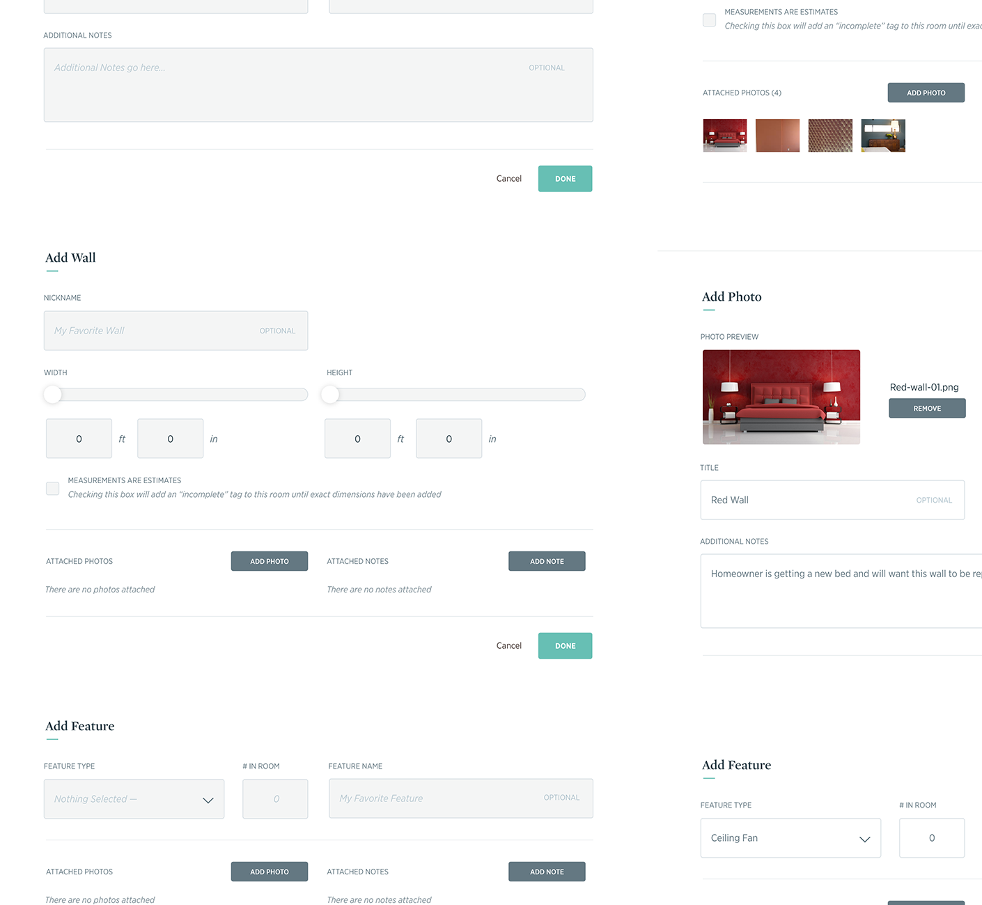 Multiple modal designs are shown to share consistency created between each page and how each follows TreeHouse's aesthetic look and feel. Pictured is an "add wall" modal with inputs and sliders, an "add feature" modal, an "add photo" modal and cropped off examples of others. teal and gray are the main button colors.