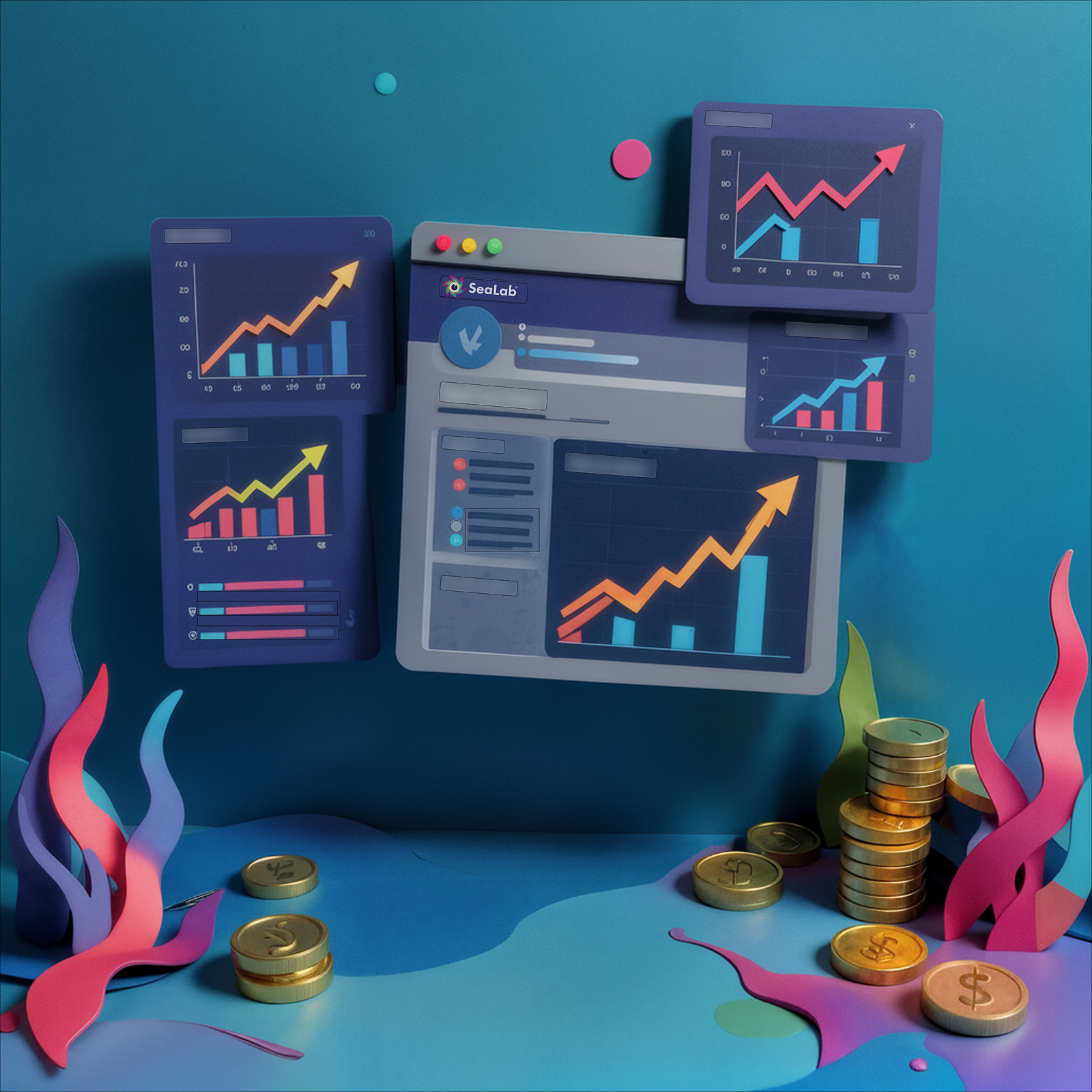 3d paper design of a multiple floating desktop interfaces in an ocean scene