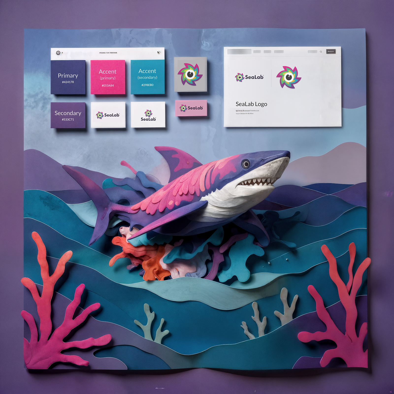 3d paper design of an octopus working hard on desktop designs in the center of an ocean floor scene