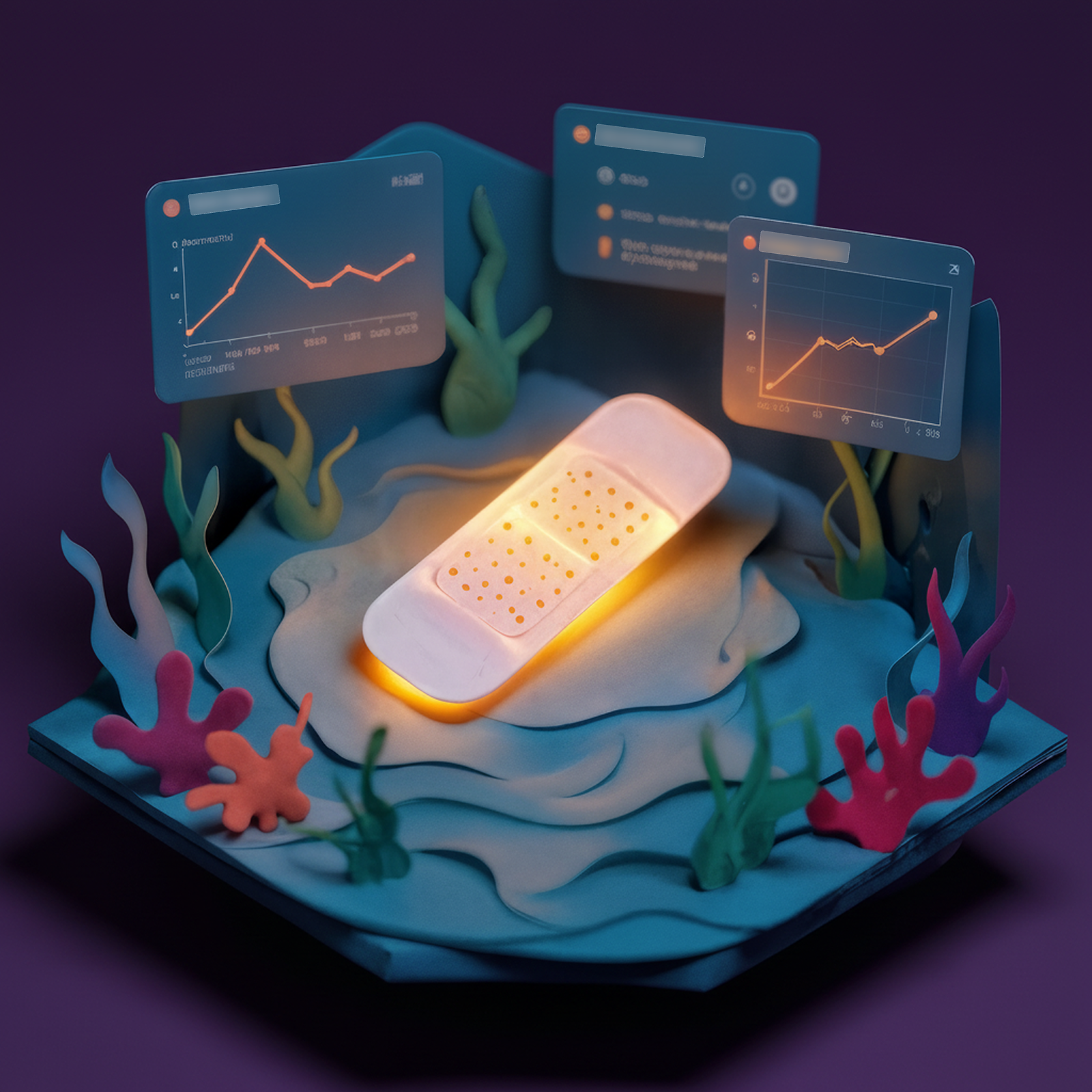 3d paper design of a glowing bandaid in the center of multiple floating desktop interfaces