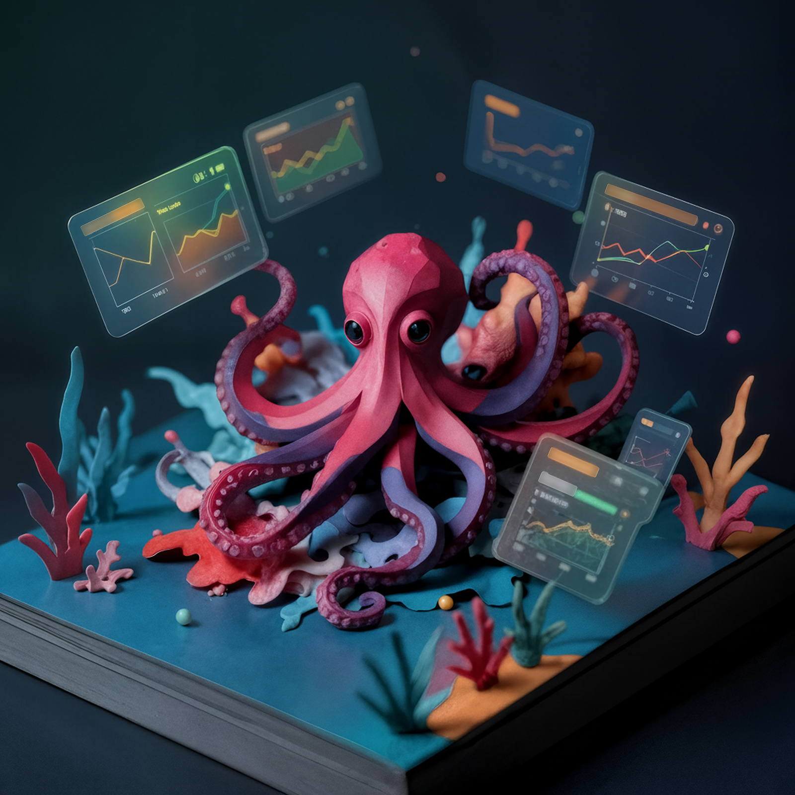 3d paper design of an octopus working hard on desktop designs in the center of an ocean floor scene