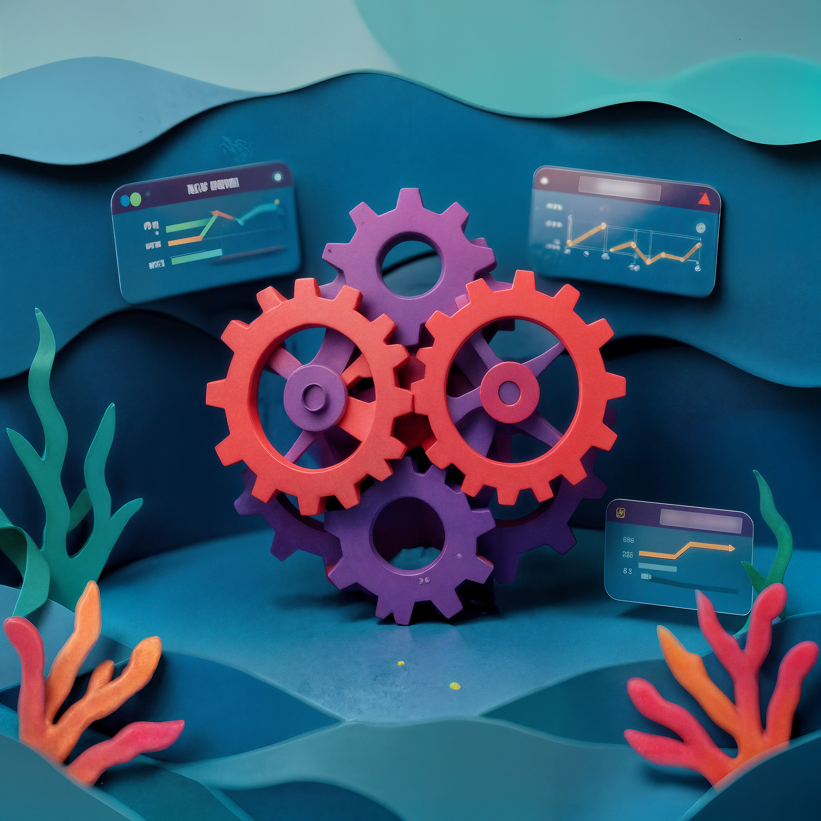 3d paper design of connected gears in the center of an ocean floor scene surrounded by beautiful desktop interfaces in an ocean scene